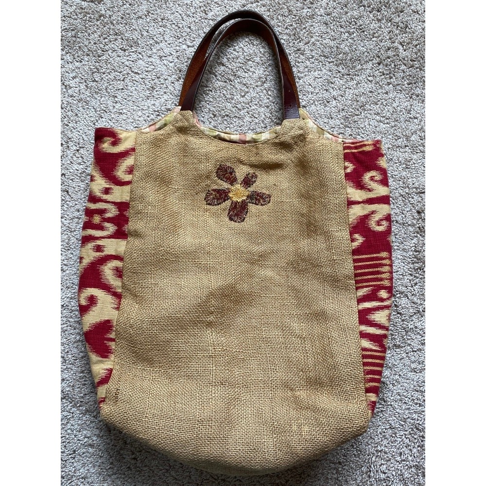 Boho Bag Handcrafted Upcycled Tote Leather Handle Fabric Burlap Distressed